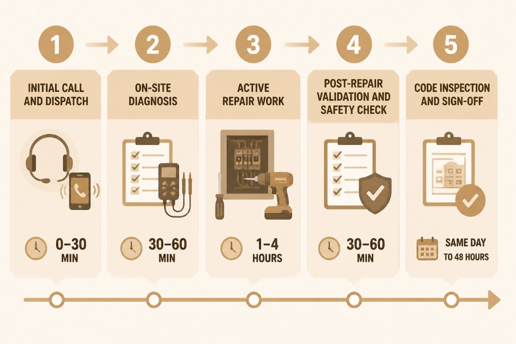 Timeline diagram showing 5 phases of emergency electrical repair: Phase 1 - Initial call and dispatch (0-30 min), Phase 2 - On-site diagnosis (30-60 min), Phase 3 - Active repair work (1-4 hours), Phase 4 - Post-repair validation and safety check (30-60 min), Phase 5 - Code inspection and sign-off (same day to 48 hours)
