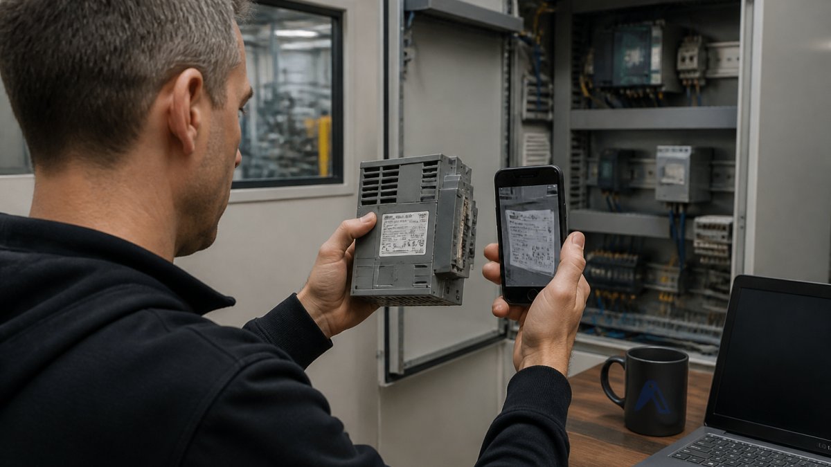Technician inspecting a legacy PLC module with a phone to minimize downtime in a factory control cabinet