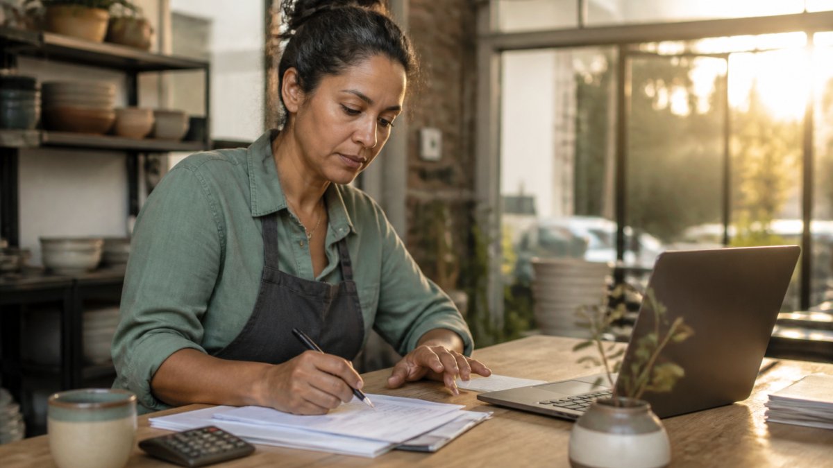 A small business owner and a tax advisor reviewing financial documents and a laptop with spreadsheet projections at a wooden desk in a bright office