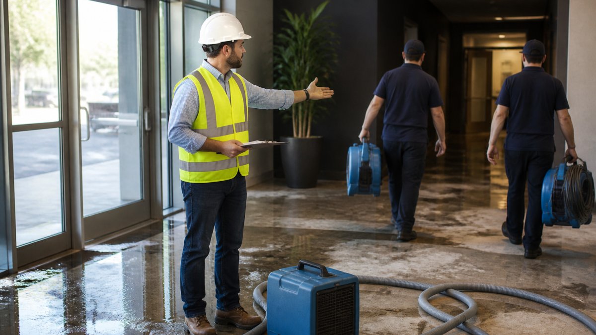 A property manager in a hard hat and safety vest standing in a commercial lobby with a clipboard, directing two restoration technicians carrying water extraction equipment toward a flooded hallway, morning light through glass doors
