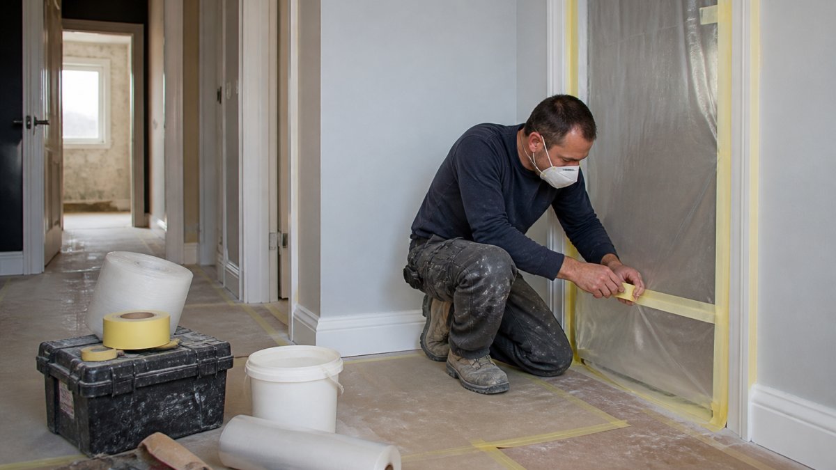 A renovation worksite inside a home with plastic dust barriers taped over a doorway, floor coverings protecting the hallway, and a builder in a dust mask sealing the edges with tape