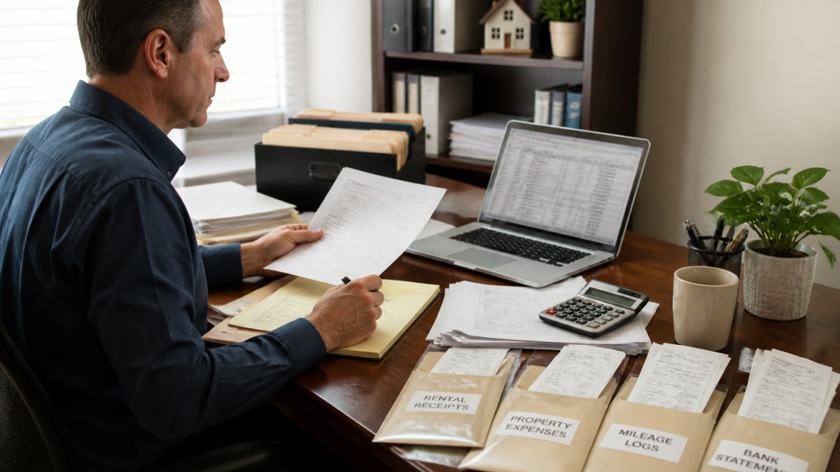 Real estate investor organizing rental property receipts and digital tax records at a desk
