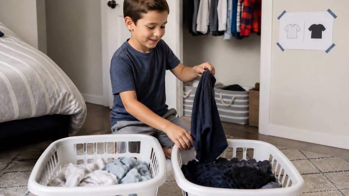 Infographic showing a child sorting light and dark laundry using a labeled visual guide for independence