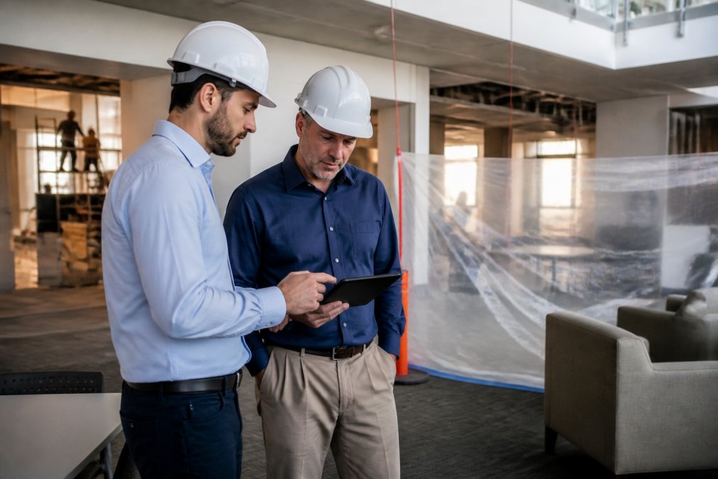 A construction project manager and facility manager reviewing a phased schedule on a tablet inside an occupied commercial building, with safety barriers and active workspace visible in the background