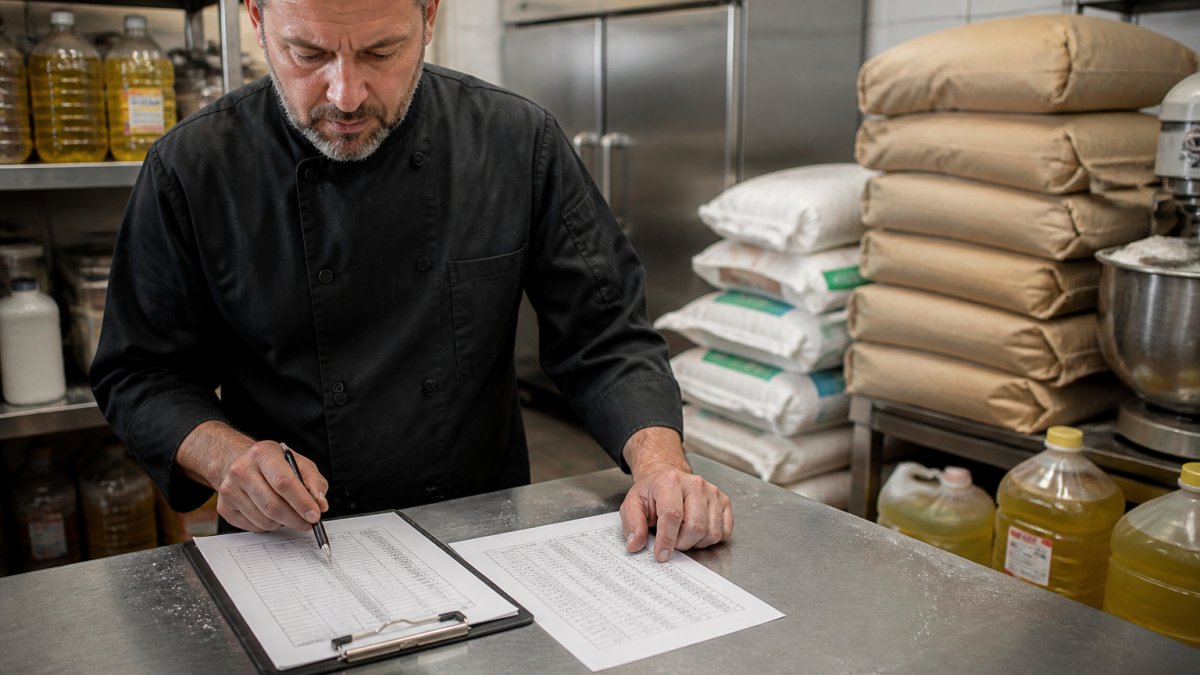 A restaurant kitchen manager reviewing inventory sheets and a clipboard on a stainless steel prep table, with stacked bulk flour bags and oil containers visible in the background