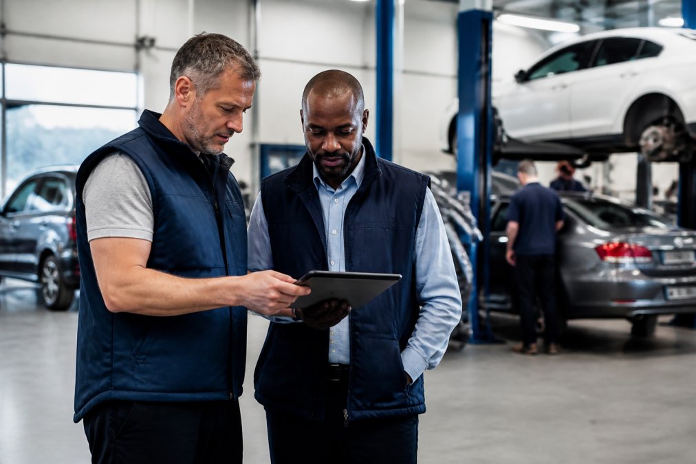 An IT professional and a service bay manager reviewing real-time data on a tablet together in a well-lit automotive dealership service area, service bays visible in the background with vehicles being worked on