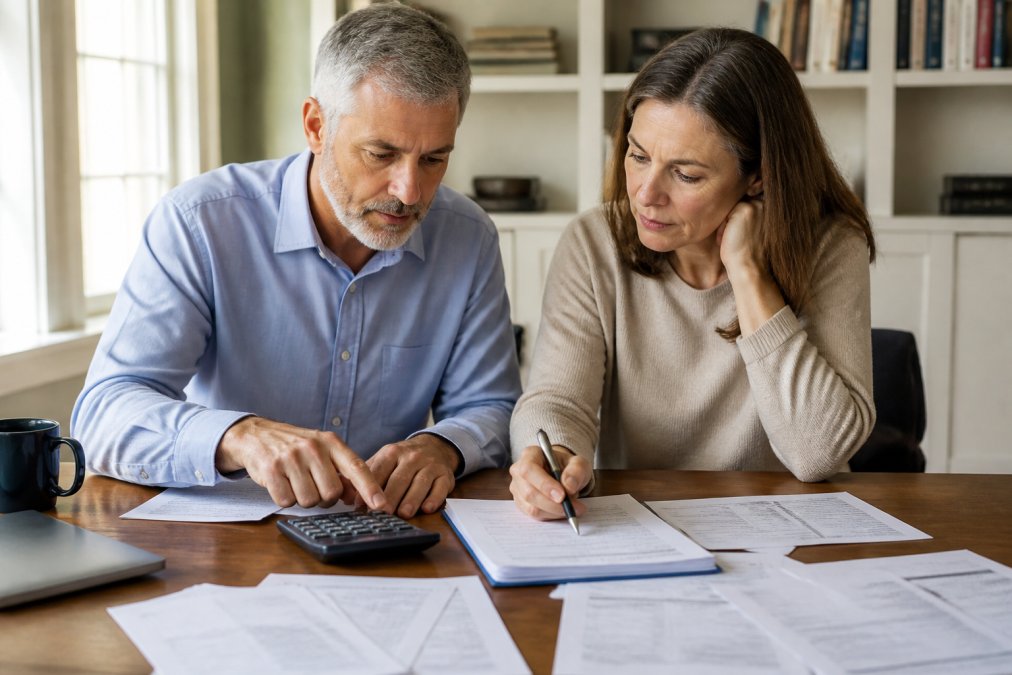 Financial advisor helping a client review tax documents for inherited IRAs at a desk with a calculator