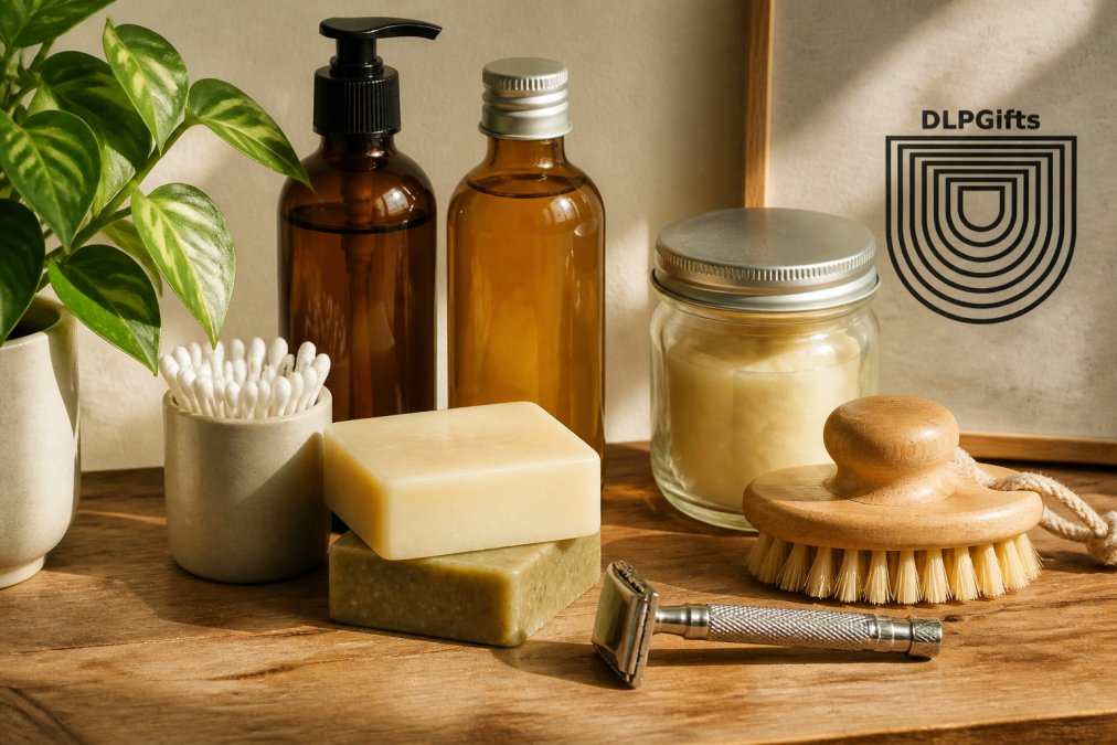Close-up of sustainable grooming products arranged on a wooden surface with natural morning light, showing refillable glass containers, natural soap bars, reusable wooden brush, and metal safety razor