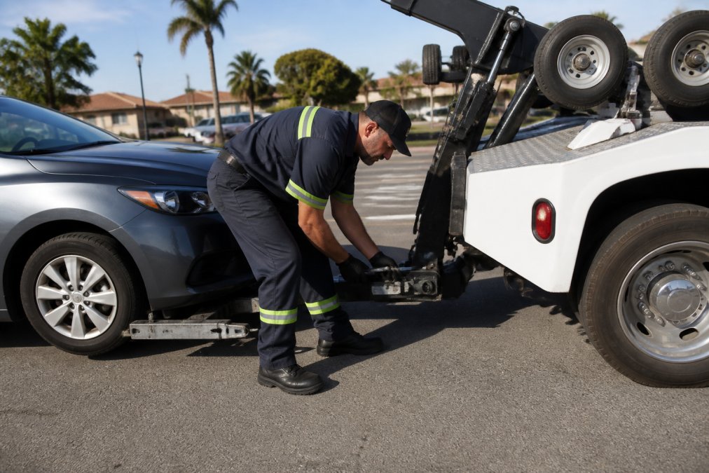 Professional towing operator in uniform attaching a wheel lift mechanism to a disabled sedan on a sunny roadside, demonstrating the hook-up process with specialized equipment
