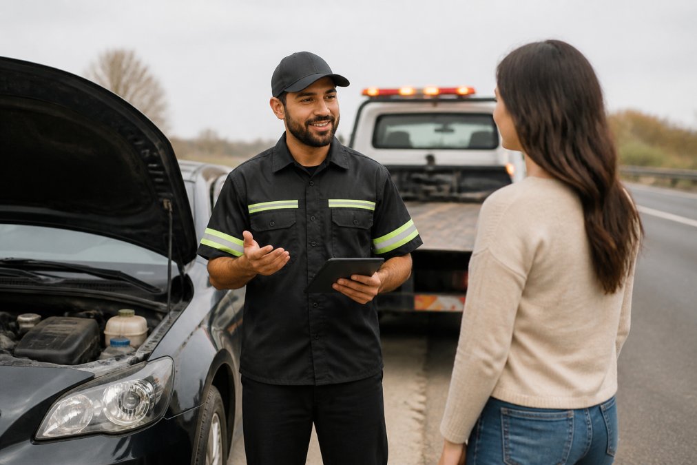 Professional towing driver in company uniform speaking with a vehicle owner beside a disabled car on the roadside, establishing trust through clear communication and friendly interaction