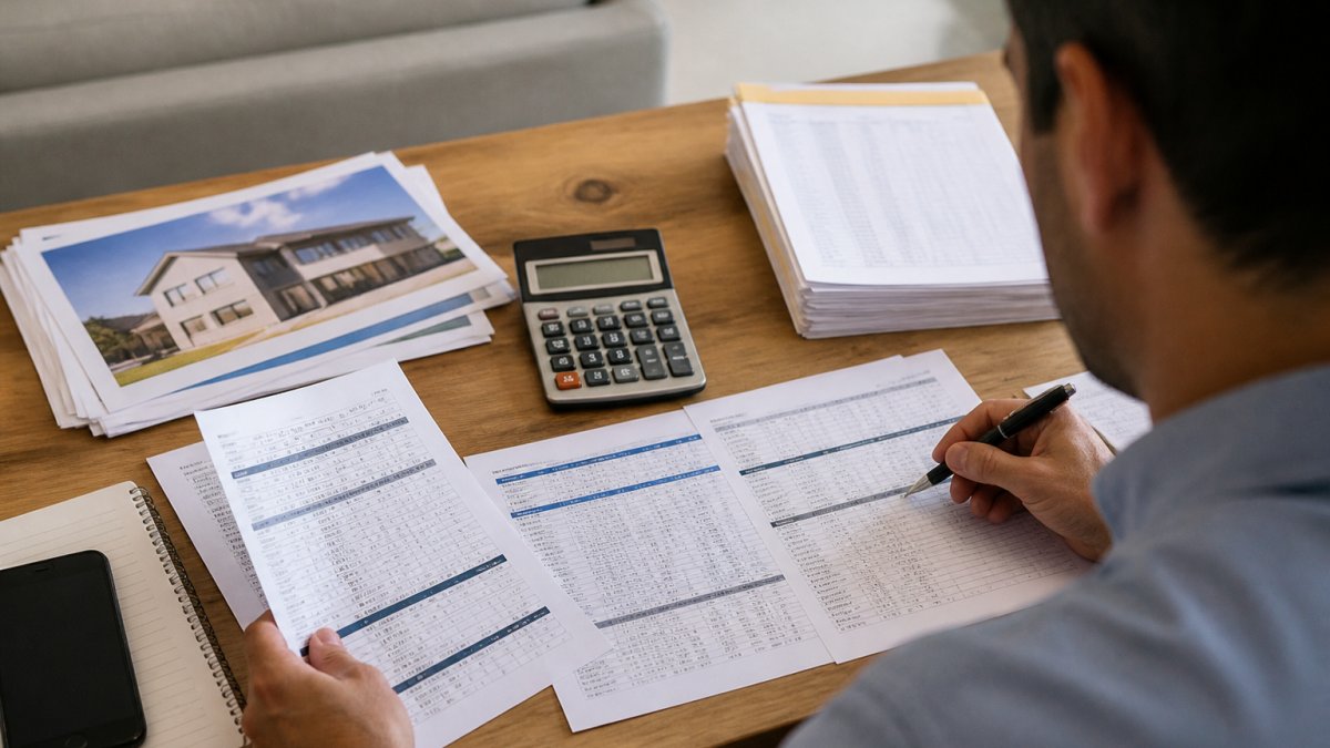 Real estate investor reviewing rental property financial statements, income documentation, and calculator on wooden desk with organized spreadsheets and property photos visible under warm desk lighting