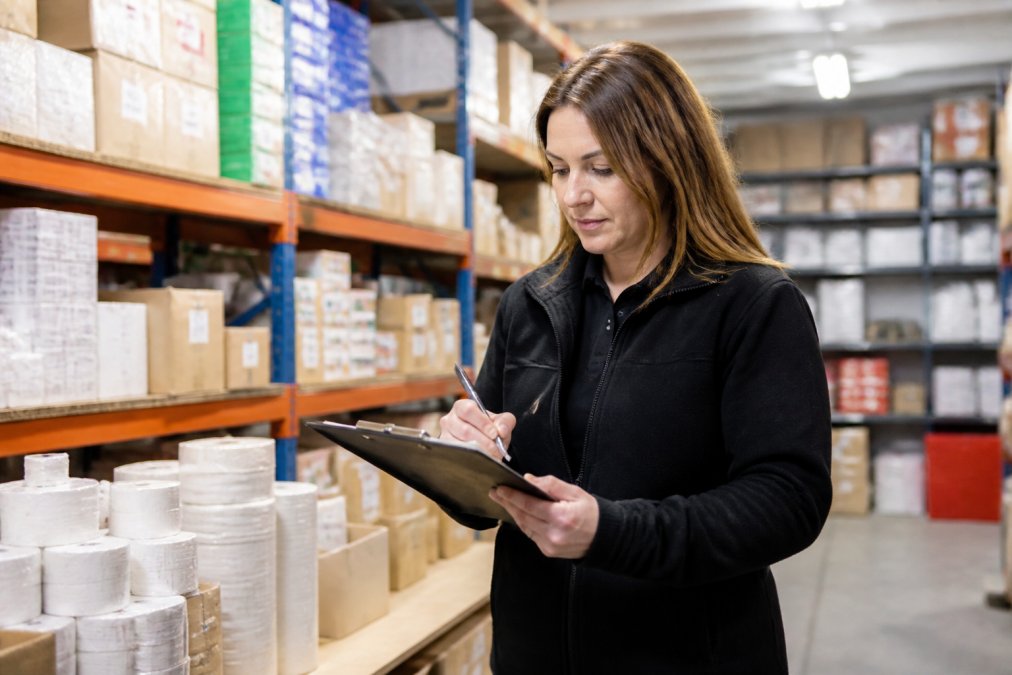 A retail procurement manager reviewing a purchase order on a clipboard in a well-stocked warehouse, surrounded by shelves of neatly organised boxed supplies under bright fluorescent lighting