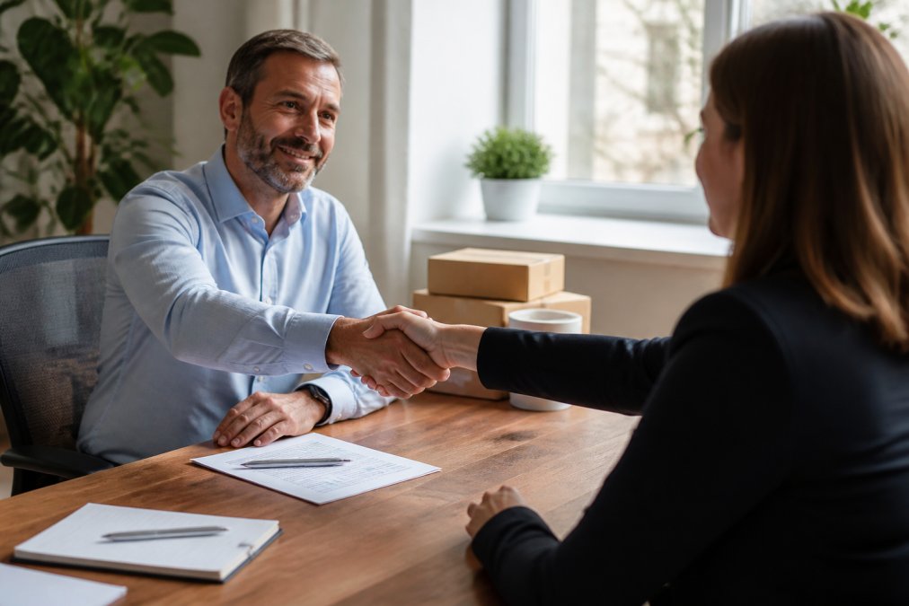 Two business professionals shaking hands across a desk with documents and a laptop open between them, in a bright professional office setting with natural window light