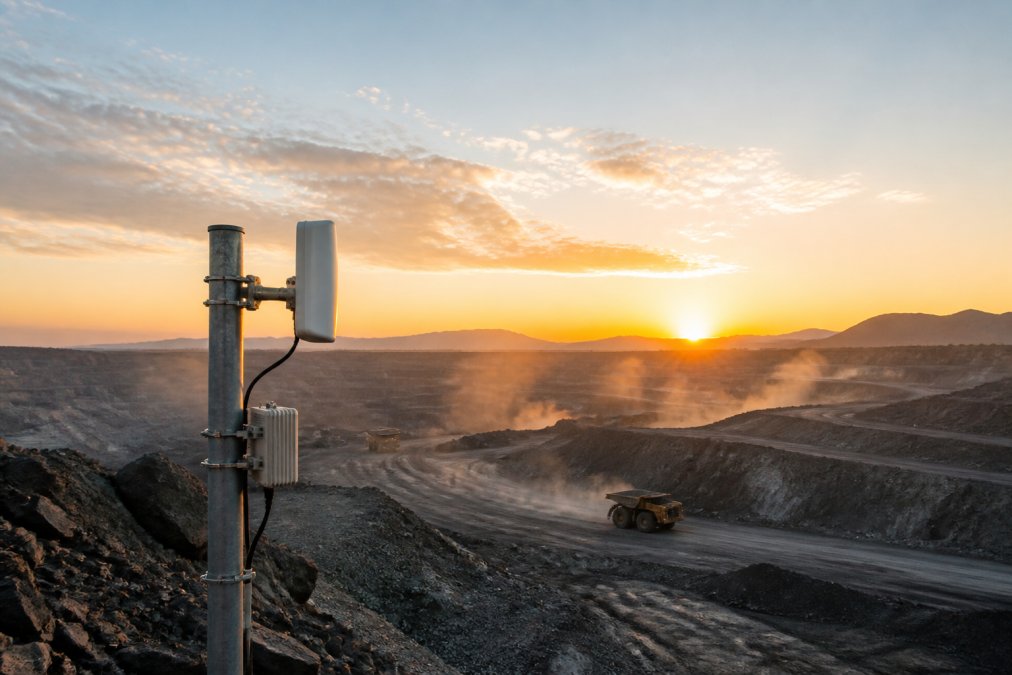 Rugged industrial wireless antenna on a pole overlooking an open-pit mine, supporting connectivity for mining systems.