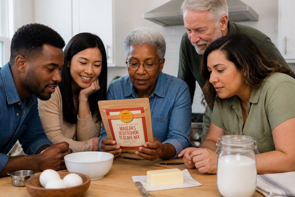 A diverse group of people of different ages, races, and backgrounds examining product labels and packaging together at a kitchen table, with a mix of young and older individuals including Black, Asian, Latinx, and white participants engaged in discussion