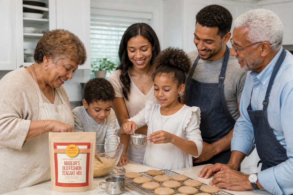 A multigenerational family of diverse races and ethnicities, including children and adults, baking cookies together in a bright kitchen, with hands mixing ingredients and cookies cooling on a rack