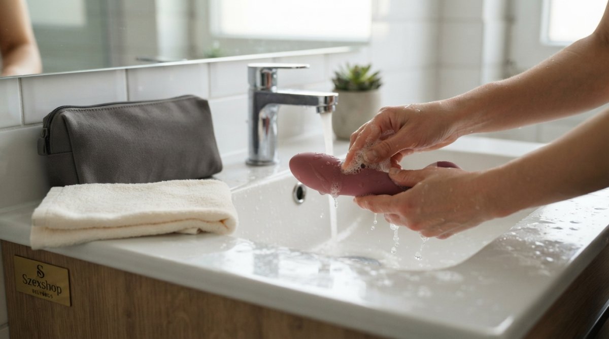 Close-up of hands cleaning a smooth silicone adult toy with mild soap and warm water over a bathroom sink, a small towel and a discreet storage pouch on the counter, soft natural light, no faces visible