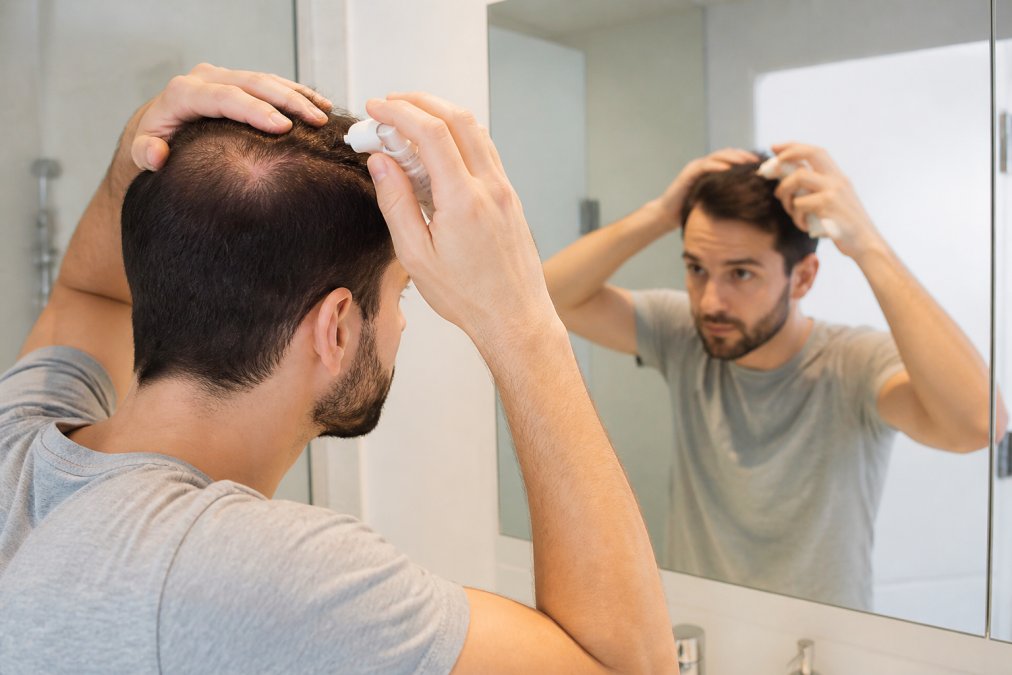 Person applying topical minoxidil foam to scalp in bathroom mirror, showing proper application technique with careful attention to crown area