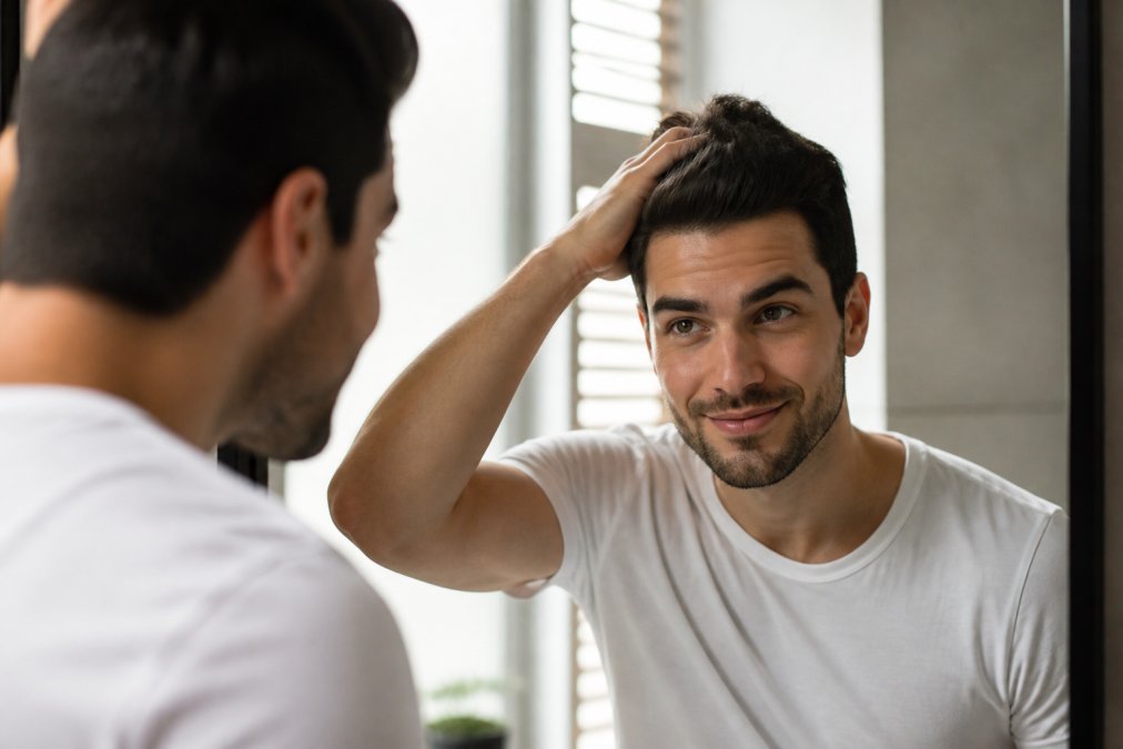 Young man examining hair in mirror with confident expression, representing positive results from hair regrowth treatment in natural bathroom lighting