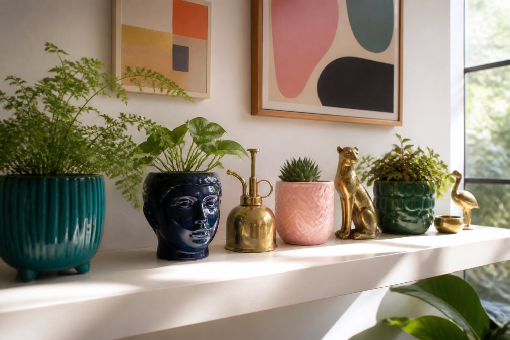 A bright, minimalist living room shelf displaying a curated mix of quirky ceramic plant pots in jewel tones, colourful abstract wall art, and vintage-inspired brass ornaments arranged together with natural afternoon light streaming across the surfaces