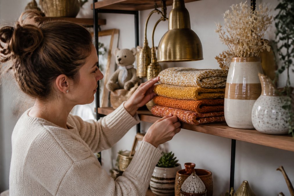 Close-up of hands carefully arranging warm-toned textiles, brass lighting fixtures, and ceramic decorative accents on a styled shelf to create an eclectic, layered aesthetic with visible texture and depth