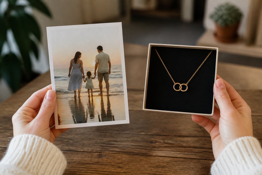 Comparison chart displaying features of a custom paper card versus a personalized piece of jewelry