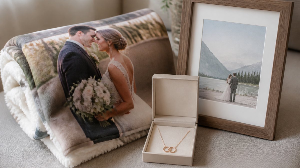 Close-up of personalized wedding gifts displayed together including a custom blanket with wedding photo, engraved jewelry piece, and framed wedding print arranged on a neutral surface with soft natural lighting