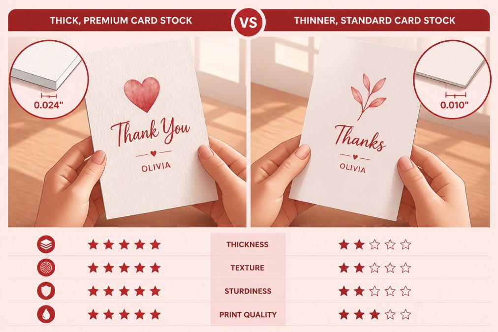 Close-up of hands holding two personalized cards side by side, one with thick textured paper and one with thinner stock, in natural window light on a wooden table