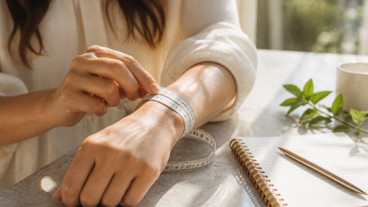 Close-up of a woman's hands wrapping a soft measuring tape around her wrist at a sunlit table, with a notebook and pen nearby for recording the measurement
