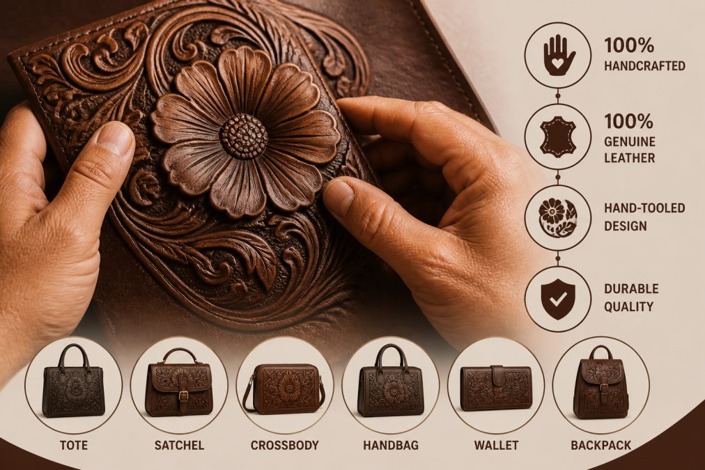 Close-up of skilled artisan hands examining hand-tooled floral patterns on genuine leather, showing texture and dimensional carving detail with natural studio lighting