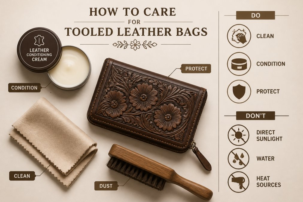 Styled flat lay of genuine leather care essentials, soft cloth, leather conditioning cream, and hand-tooled leather wallet, arranged on neutral surface with natural lighting showing proper maintenance setup
