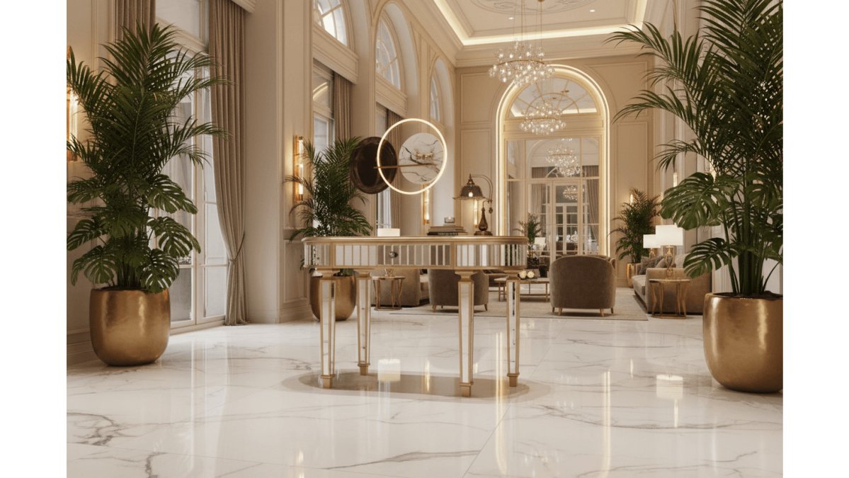A bright, elegant living room with a mirrored console table featuring a crystal knob, an arched gold wall mirror hanging above it, and styled ceramic vases catching soft afternoon light
