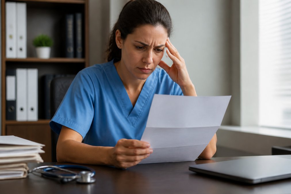Healthcare professional reading a legal notice regarding their Michigan professional license at a desk