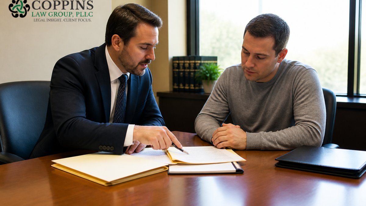 Criminal defense attorney and client meeting in law office conference room, reviewing case documents and discussing strategy at wooden table with natural window lighting