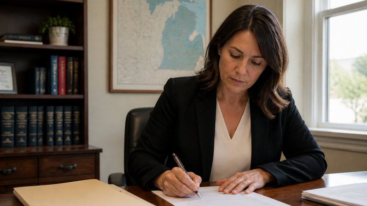A person sitting at a wooden desk reviewing a probation document with a pen, a Michigan map on the wall behind them, natural light from a window