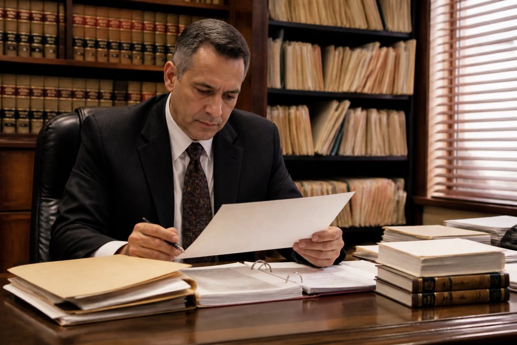 Criminal defense attorney reviewing court documents and case files at desk with computer displaying case information and legal documents