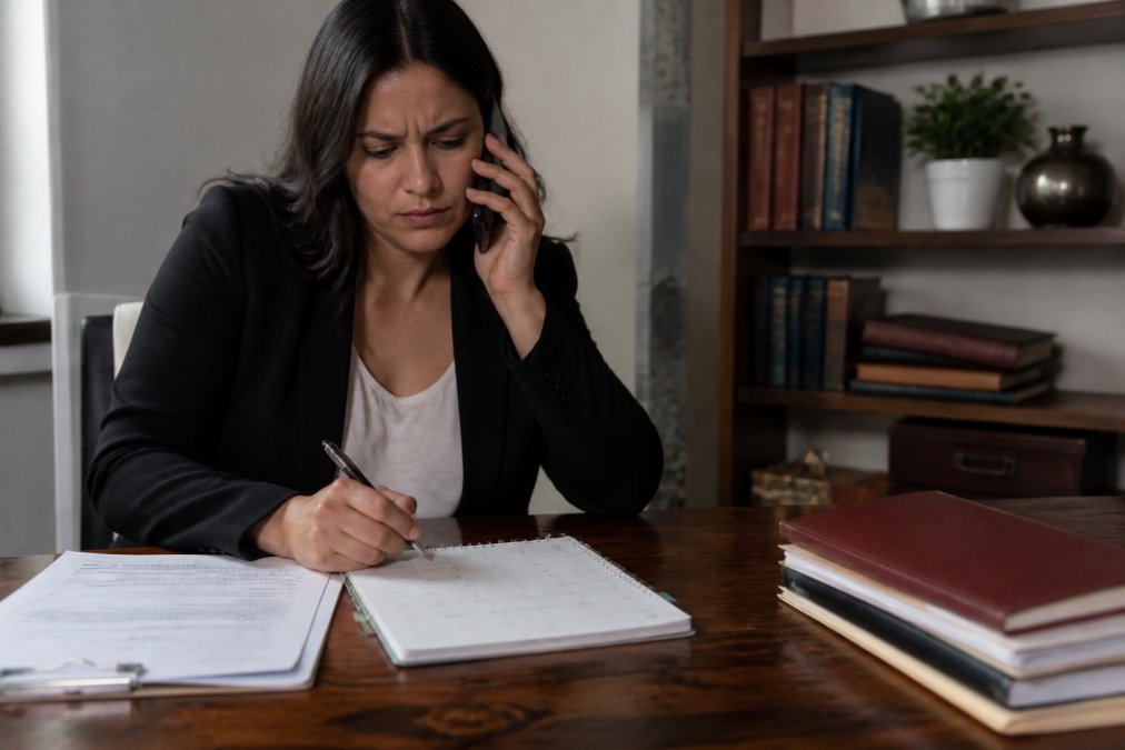 Person at a desk reviewing legal documents after a missed court date, looking concerned but determined.