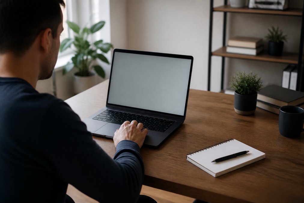 Person using computer to search court records and case information online from home office