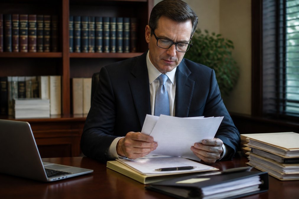 Criminal defense attorney reviewing case documents and court files at desk in professional law office with legal books and computer