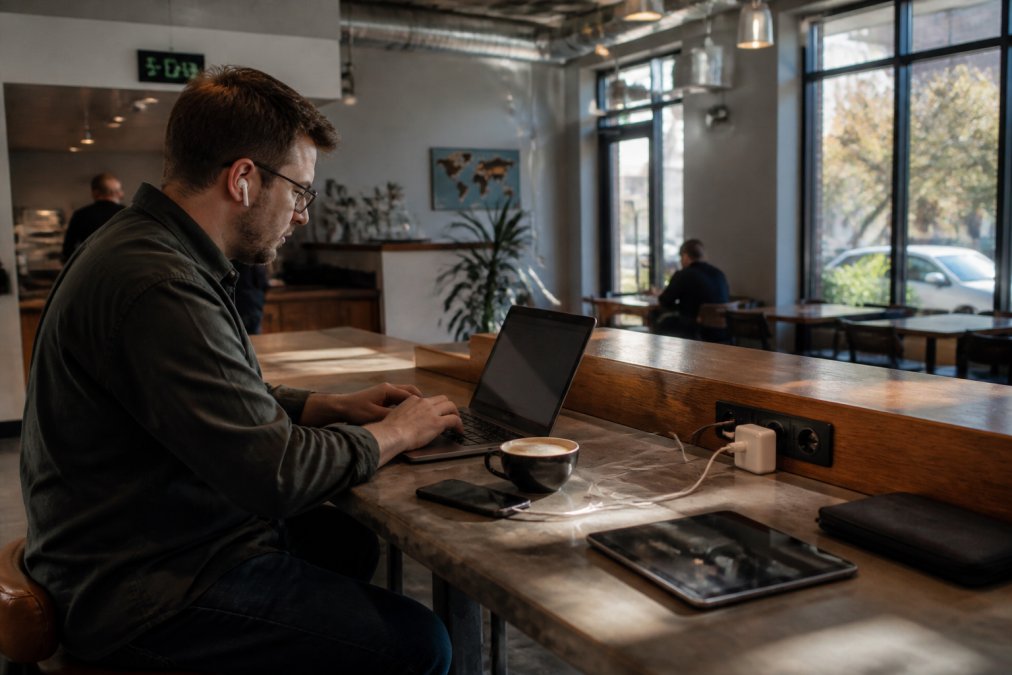 Professional working at laptop with multiple devices charging via outlets, Wi-Fi symbol visible on screen, hands typing with coffee cup nearby on desk, modern coffee shop interior with natural light