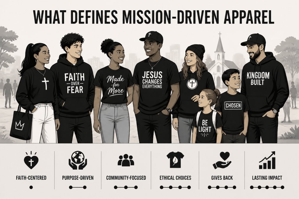 Young adults and teenagers wearing casual faith-inspired apparel in a diverse community setting, standing together outdoors with natural sunlight, showing varied styles and age groups representing modern Christian fashion