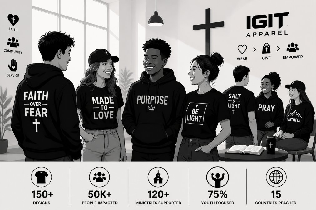 Group of teenagers and young adults wearing contemporary faith-inspired apparel in a bright community center or church setting, showing diverse ethnicities and styles, engaged in casual conversation and community gathering