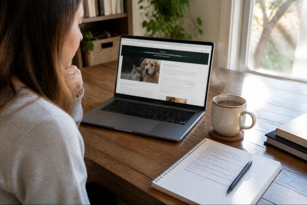 Person sitting at a wooden desk with a laptop open, carefully reading a nonprofit's website, a steaming cup of coffee beside them and a notepad with handwritten verification notes visible in warm afternoon light