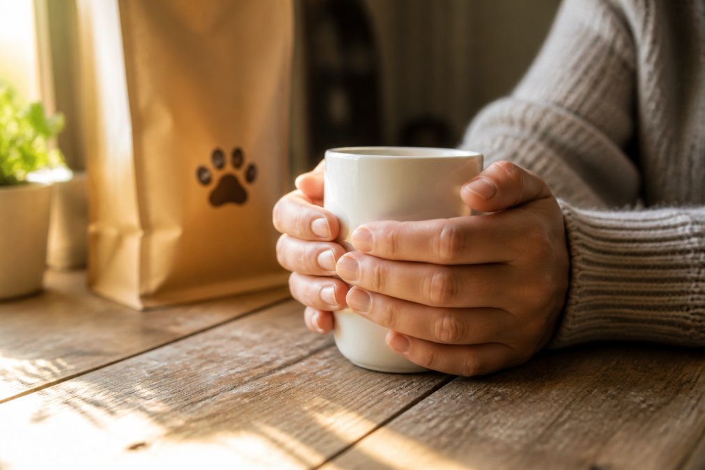 Warm close-up of two hands wrapping around a white ceramic coffee mug on a worn wooden table, with a kraft paper coffee bag featuring a small paw print design softly visible in the background, morning light streaming from the left