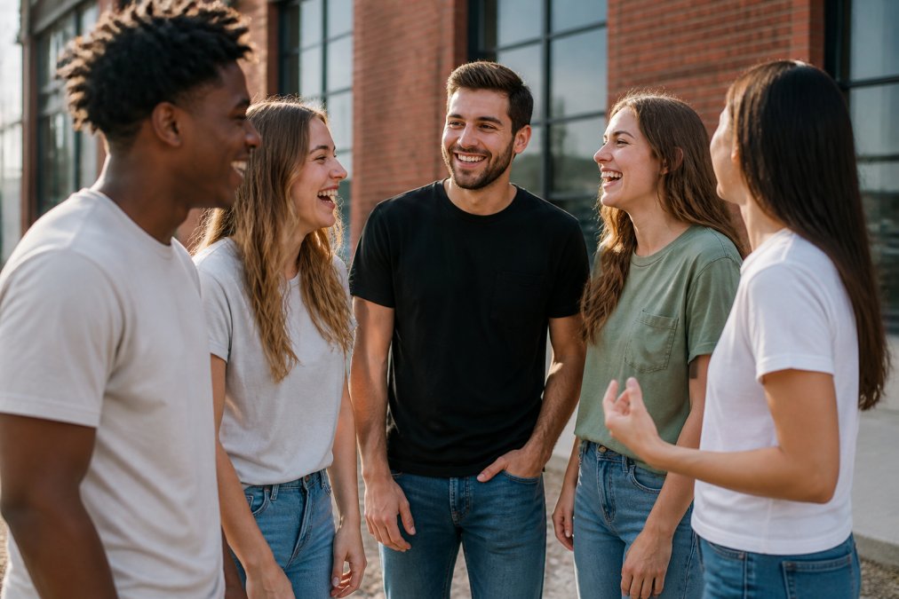A diverse group of young adults wearing faith-inspired graphic tees, smiling and talking together outdoors in a casual setting, natural sunlight