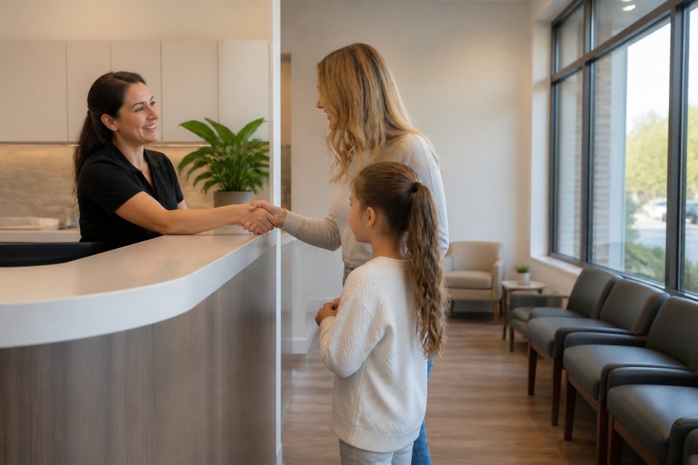 A calm, modern dental clinic reception area with a friendly front-desk team member greeting a parent and child, natural light through large windows, comfortable seating, welcoming atmosphere