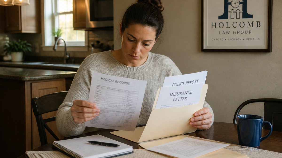 A person sitting at a kitchen table organizing medical records, a police report, and insurance letters into a manila folder under warm afternoon light