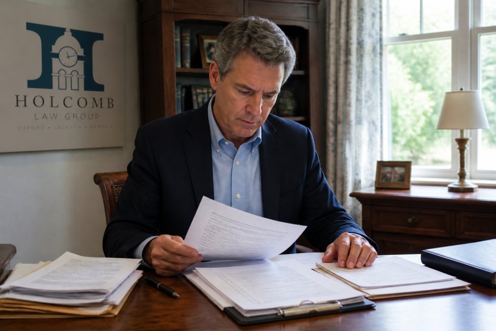 Professional reviewing legal documents and a checklist for a Mississippi probate case at a wooden desk