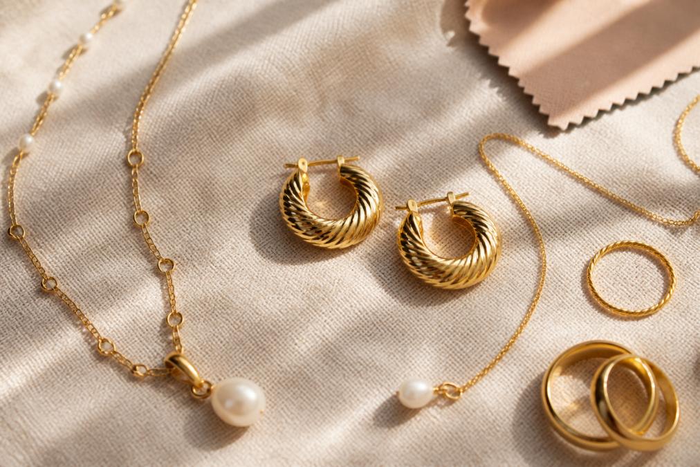Flat-lay arrangement of gold-plated and gold-vermeil jewellery pieces including twisted hoops, pearl-adorned necklaces, and minimalist rings displayed on a neutral linen surface with soft natural window lighting and jewellery care cloth