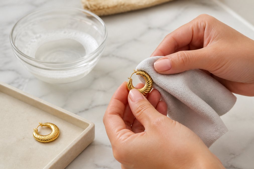 Close-up of hands gently cleaning a gold-plated twisted hoop earring with a soft microfibre cloth, with a small glass bowl of lukewarm water and mild soap visible in the background on a marble surface